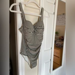 B&W one piece bathing suit.